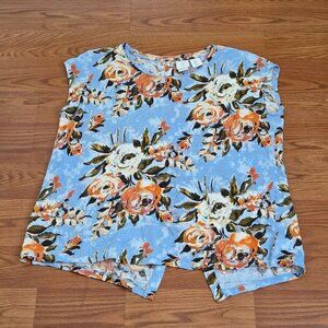 Joie Top Womens Large Blue Floral Linen Short Sleeve Casual Beachy Button Back